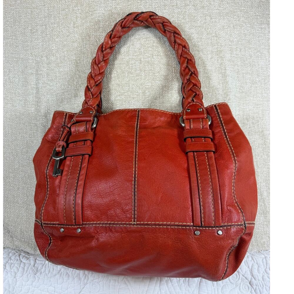 Fossil Women's Orange Leather Hobo Shoulder Bag Braided Handle Everyday Purse
